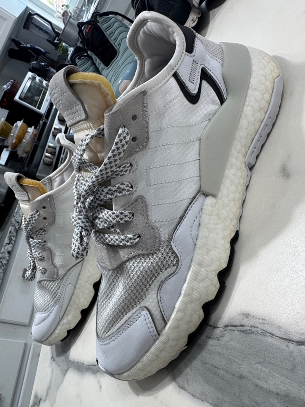 Adidas Nite Jogger Sneakers Mens 8 White Good Boost Reflective Mesh Suede